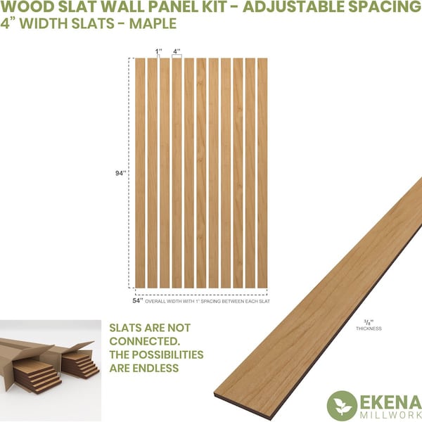 94H X 3/8T Adjustable Wood Slat Wall Panel Kit W/ 4W Slats, Maple Contains 11 Slats